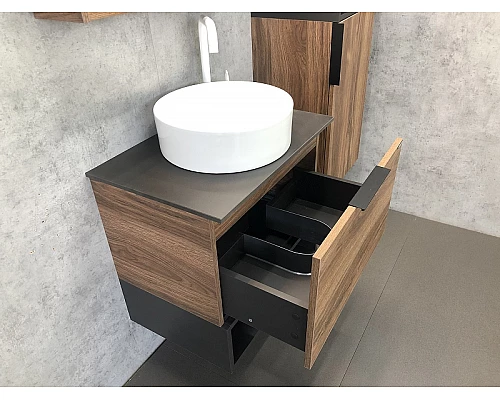 Купить Тумба с раковиной Comforty Штутгарт 60 00-00001698 подвесная Дуб темно-коричневый Черная столешница в магазине сантехники Santeh-Crystal.ru