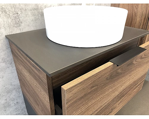 Купить Тумба с раковиной Comforty Штутгарт 60 00-00001698 подвесная Дуб темно-коричневый Черная столешница в магазине сантехники Santeh-Crystal.ru