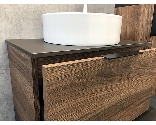 Купить Тумба с раковиной Comforty Штутгарт 60 00-00001698 подвесная Дуб темно-коричневый Черная столешница в магазине сантехники Santeh-Crystal.ru