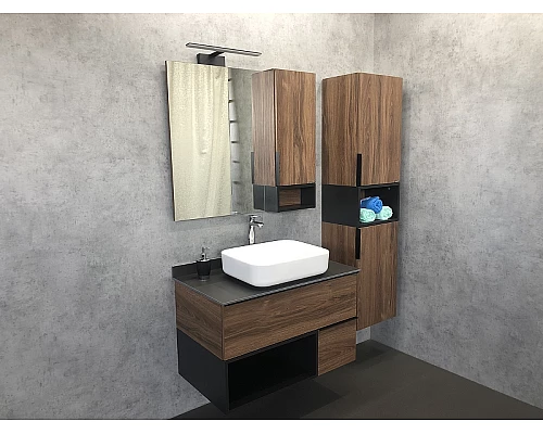 Купить Зеркало со шкафом Comforty Штутгарт 90 00004151038 Дуб темно-коричневый Черное матовое в магазине сантехники Santeh-Crystal.ru