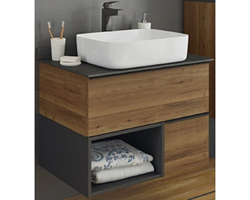 Заказать Тумба с раковиной Comforty Штутгарт 75 00-00001884 подвесная Дуб темно-коричневый Черная столешница в магазине сантехники Santeh-Crystal.ru