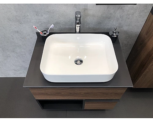 Заказать Тумба с раковиной Comforty Штутгарт 75 00-00001884 подвесная Дуб темно-коричневый Черная столешница в магазине сантехники Santeh-Crystal.ru