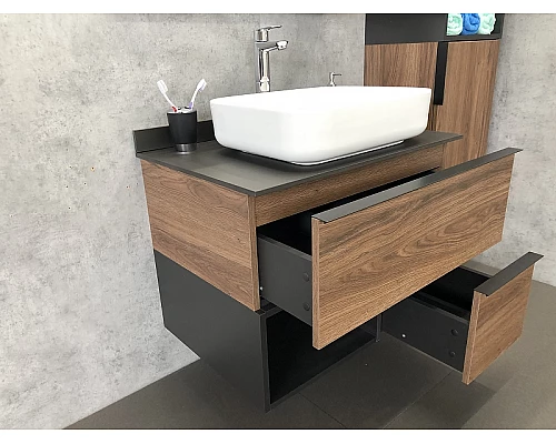 Заказать Тумба с раковиной Comforty Штутгарт 75 00-00001884 подвесная Дуб темно-коричневый Черная столешница в магазине сантехники Santeh-Crystal.ru