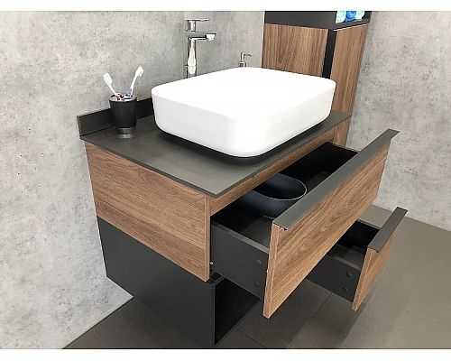 Заказать Тумба с раковиной Comforty Штутгарт 75 00-00001884 подвесная Дуб темно-коричневый Черная столешница в магазине сантехники Santeh-Crystal.ru