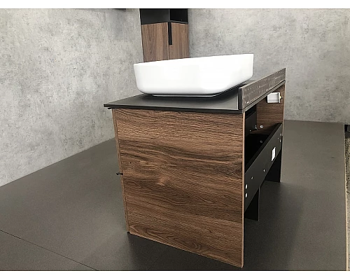 Заказать Тумба с раковиной Comforty Штутгарт 75 00-00001884 подвесная Дуб темно-коричневый Черная столешница в магазине сантехники Santeh-Crystal.ru
