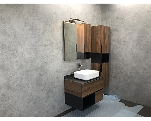 Заказать Тумба с раковиной Comforty Штутгарт 75 00-00001884 подвесная Дуб темно-коричневый Черная столешница в магазине сантехники Santeh-Crystal.ru
