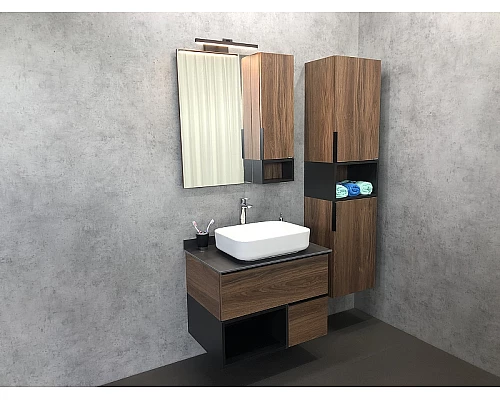 Заказать Тумба с раковиной Comforty Штутгарт 75 00-00001884 подвесная Дуб темно-коричневый Черная столешница в магазине сантехники Santeh-Crystal.ru