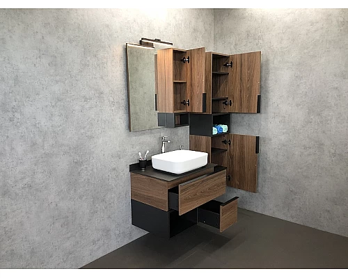 Заказать Тумба с раковиной Comforty Штутгарт 75 00-00001884 подвесная Дуб темно-коричневый Черная столешница в магазине сантехники Santeh-Crystal.ru