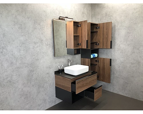 Заказать Тумба с раковиной Comforty Штутгарт 75 00-00001884 подвесная Дуб темно-коричневый Черная столешница в магазине сантехники Santeh-Crystal.ru