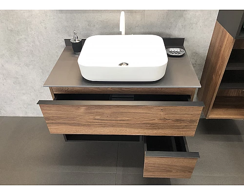 Купить Тумба с раковиной Comforty Штутгарт 90 00-00002868 подвесная Дуб темно-коричневый Черная матовая в магазине сантехники Santeh-Crystal.ru