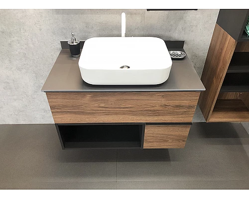 Купить Тумба с раковиной Comforty Штутгарт 90 00-00002868 подвесная Дуб темно-коричневый Черная матовая в магазине сантехники Santeh-Crystal.ru