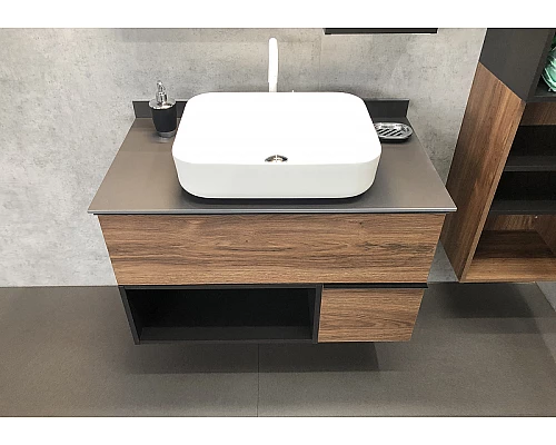 Купить Тумба с раковиной Comforty Штутгарт 90 00-00002868 подвесная Дуб темно-коричневый Черная матовая в магазине сантехники Santeh-Crystal.ru