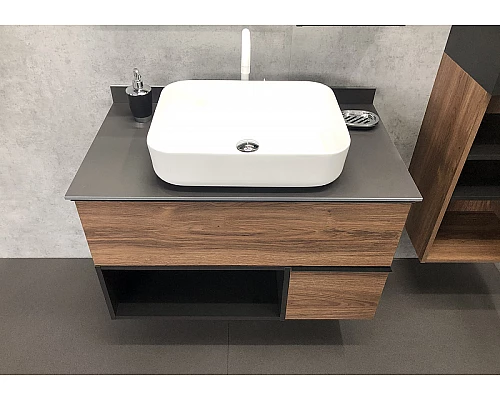 Купить Тумба с раковиной Comforty Штутгарт 90 00-00002868 подвесная Дуб темно-коричневый Черная матовая в магазине сантехники Santeh-Crystal.ru