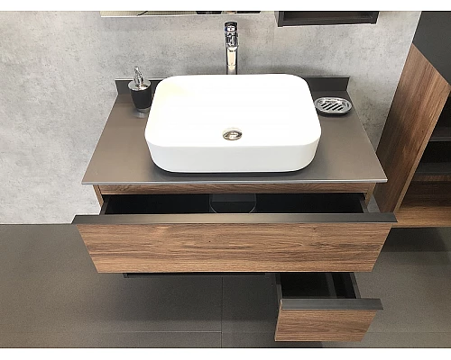 Купить Тумба с раковиной Comforty Штутгарт 90 00-00002868 подвесная Дуб темно-коричневый Черная матовая в магазине сантехники Santeh-Crystal.ru