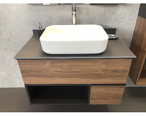 Купить Тумба с раковиной Comforty Штутгарт 90 00-00002868 подвесная Дуб темно-коричневый Черная матовая в магазине сантехники Santeh-Crystal.ru