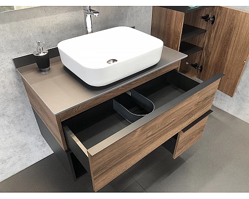 Купить Тумба с раковиной Comforty Штутгарт 90 00-00002868 подвесная Дуб темно-коричневый Черная матовая в магазине сантехники Santeh-Crystal.ru