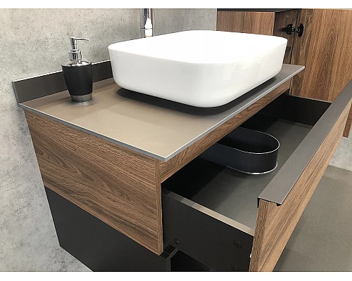 Купить Тумба с раковиной Comforty Штутгарт 90 00-00002868 подвесная Дуб темно-коричневый Черная матовая в магазине сантехники Santeh-Crystal.ru