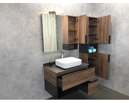 Купить Тумба с раковиной Comforty Штутгарт 90 00-00002868 подвесная Дуб темно-коричневый Черная матовая в магазине сантехники Santeh-Crystal.ru