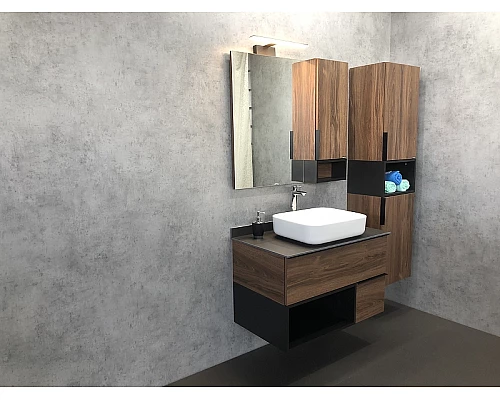 Купить Тумба с раковиной Comforty Штутгарт 90 00-00002868 подвесная Дуб темно-коричневый Черная матовая в магазине сантехники Santeh-Crystal.ru