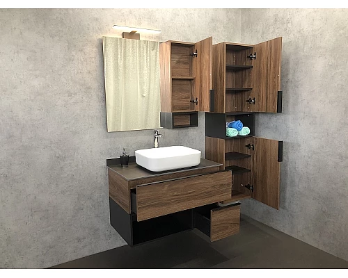 Купить Тумба с раковиной Comforty Штутгарт 90 00-00002868 подвесная Дуб темно-коричневый Черная матовая в магазине сантехники Santeh-Crystal.ru