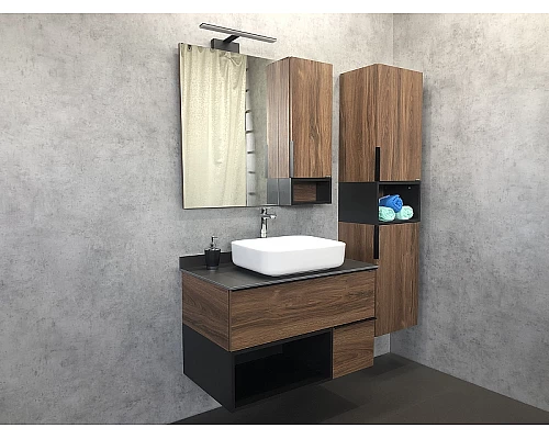 Купить Тумба с раковиной Comforty Штутгарт 90 00-00002868 подвесная Дуб темно-коричневый Черная матовая в магазине сантехники Santeh-Crystal.ru