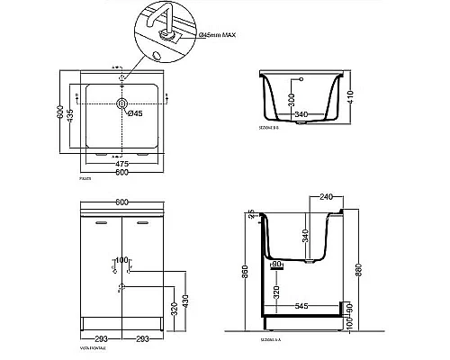 Купить Тумба с хозяйственной раковиной Kerasan Aquadom 60 9165k3 Белая без отверстия под смеситель в магазине сантехники Santeh-Crystal.ru
