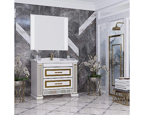 Приобрести Тумба под раковину Opadiris Оникс 100 00-00003548 Белая глянцевая с золотой патиной в магазине сантехники Santeh-Crystal.ru