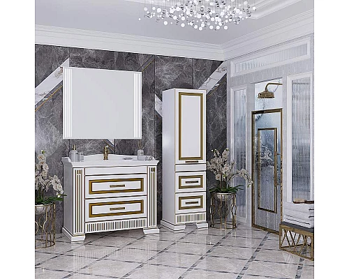 Приобрести Тумба под раковину Opadiris Оникс 100 00-00003548 Белая глянцевая с золотой патиной в магазине сантехники Santeh-Crystal.ru