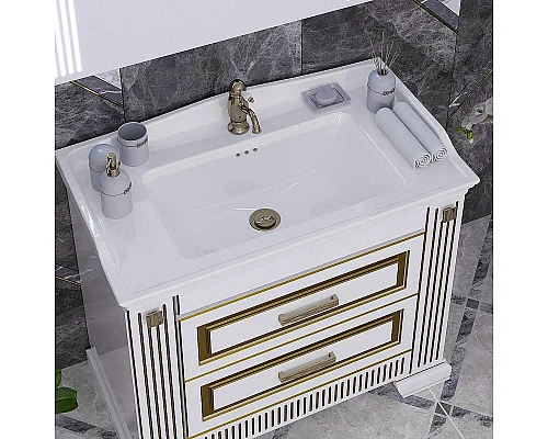 Приобрести Тумба под раковину Opadiris Оникс 100 00-00003548 Белая глянцевая с золотой патиной в магазине сантехники Santeh-Crystal.ru