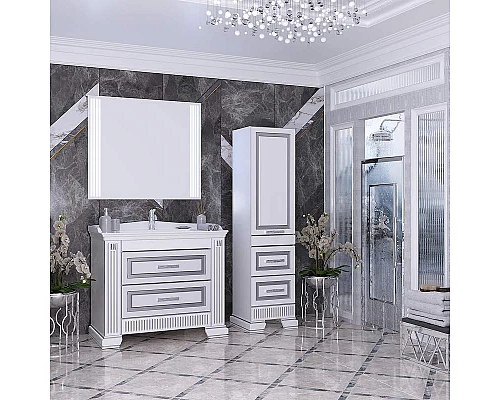 Купить Тумба под раковину Opadiris Оникс 100 00-00003527 Белая глянцевая с серебряной патиной в магазине сантехники Santeh-Crystal.ru