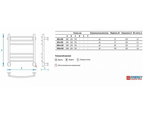 Купить Электрический полотенцесушитель Energy Ergo 1000x500 EETR0ERGO1005000000 Хром в магазине сантехники Santeh-Crystal.ru