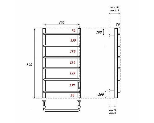 Купить Электрический полотенцесушитель Point Ника PN08848 П6 400x800 диммер справа Хром в магазине сантехники Santeh-Crystal.ru
