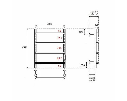 Купить Электрический полотенцесушитель Point Ника PN08856 П4 500x600 диммер справа Хром в магазине сантехники Santeh-Crystal.ru