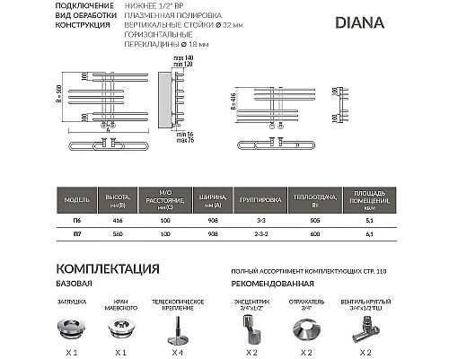 Заказать Водяной полотенцесушитель Terminus Диана П6 100x416 4620768886447 Хром в магазине сантехники Santeh-Crystal.ru