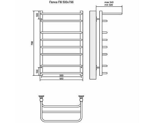 Заказать Водяной полотенцесушитель Terminus Полка П8 500x796 4670030723161 с полкой Хром в магазине сантехники Santeh-Crystal.ru