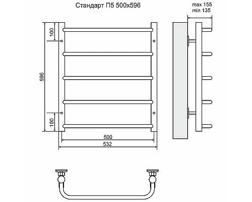 Купить Водяной полотенцесушитель Terminus Стандарт П5 500x596 4670030725295 Хром в магазине сантехники Santeh-Crystal.ru