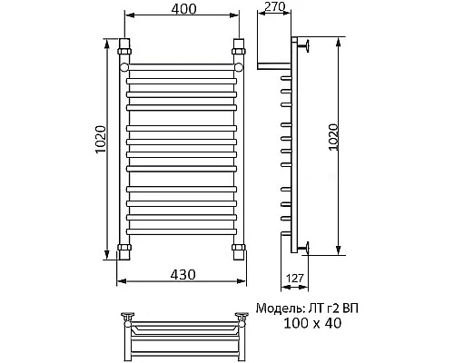 Приобрести Водяной полотенцесушитель Ника Trapezium ЛТ (Г2) ВП 100/40 с полкой Хром в магазине сантехники Santeh-Crystal.ru
