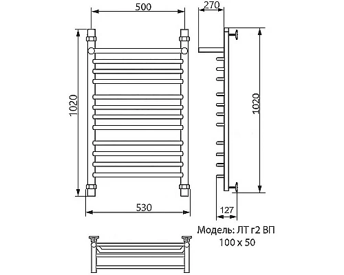 Заказать Водяной полотенцесушитель Ника Trapezium ЛТ (Г2) ВП 100/50 с полкой Хром в магазине сантехники Santeh-Crystal.ru
