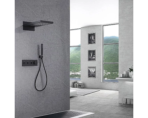 Купить Душевая система Abber Rund AF8752B с термостатом Черная матовая в магазине сантехники Santeh-Crystal.ru