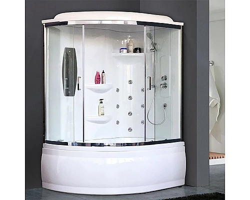 Купить Душевой бокс Royal Bath ALP 150x100 RB150ALP-T-CH-R с гидромассажем стекло прозрачное задние стенки Белые в магазине сантехники Santeh-Crystal.ru