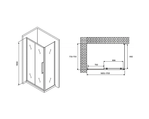 Приобрести Душевой уголок Abber Schwarzer Diamant 170x75 AG30170BH-S75B профиль Черный стекло прозрачное в магазине сантехники Santeh-Crystal.ru