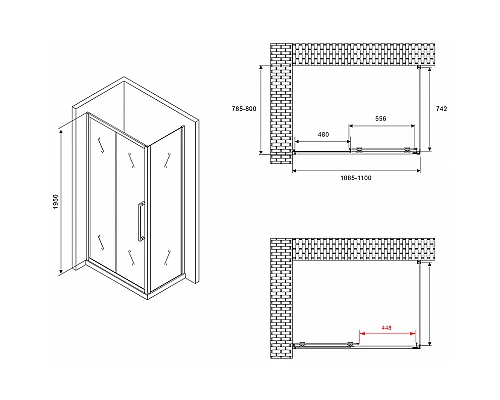 Душевой уголок Abber Schwarzer Diamant 110x80 AG30110BMH-S80BM профиль Черный стекло матовое