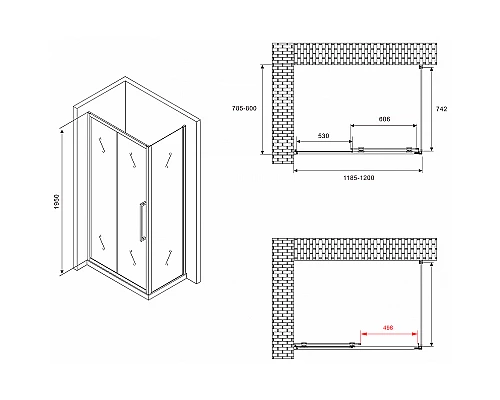 Душевой уголок Abber Schwarzer Diamant 120x80 AG30120BMH-S80BM профиль Черный стекло матовое