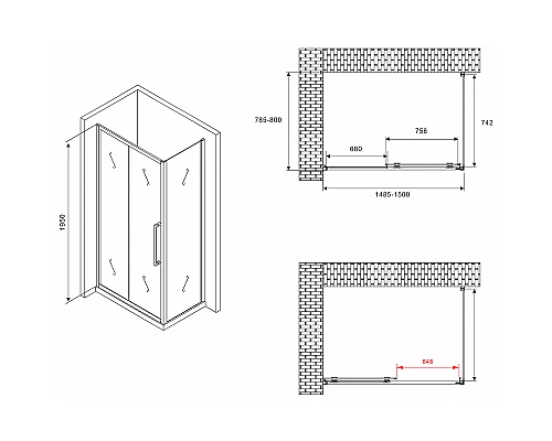 Душевой уголок Abber Schwarzer Diamant 150x80 AG30150BMH-S80BM профиль Черный стекло матовое