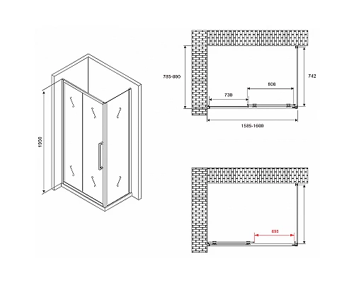 Душевой уголок Abber Schwarzer Diamant 160x80 AG30160BMH-S80BM профиль Черный стекло матовое