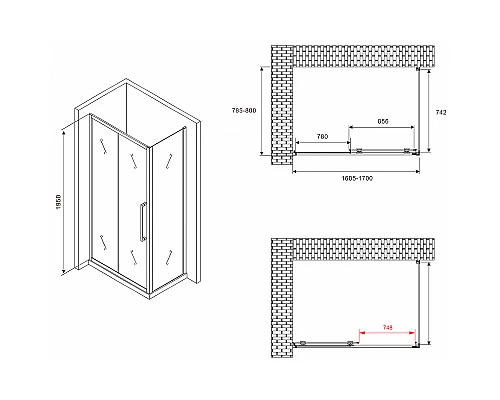 Душевой уголок Abber Schwarzer Diamant 170x80 AG30170BMH-S80BM профиль Черный стекло матовое