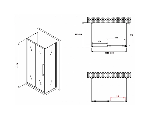 Душевой уголок Abber Schwarzer Diamant 110x80 AG30110BMH-S80BM-S80BM профиль Черный стекло матовое