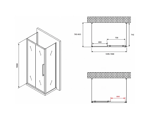 Душевой уголок Abber Schwarzer Diamant 150x80 AG30150BMH-S80BM-S80BM профиль Черный стекло матовое