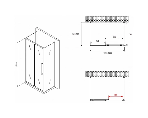 Душевой уголок Abber Schwarzer Diamant 160x80 AG30160BMH-S80BM-S80BM профиль Черный стекло матовое