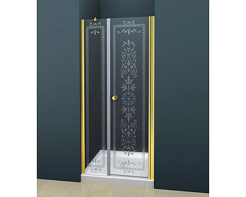 Купить Душевая дверь в нишу Cezares ROYAL PALACE-A-B-11-100+90-CP-G профиль Золото стекло прозрачное с матовым узором в магазине сантехники Santeh-Crystal.ru